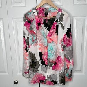 Worthington Woman 1X Floral Button Front Blouse VNeck Pink Teal White Black NWOT